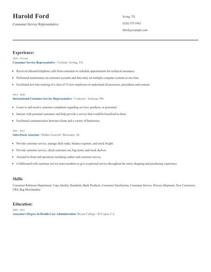 Consumer Service Representative Resume