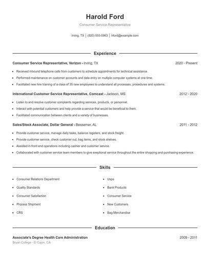 Consumer Service Representative Resume