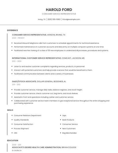 Consumer Service Representative Resume