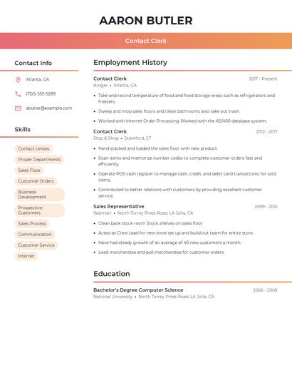 Contact Clerk Resume