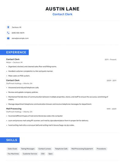 Contact Clerk Resume