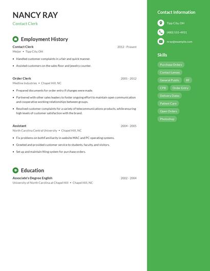 Contact Clerk Resume