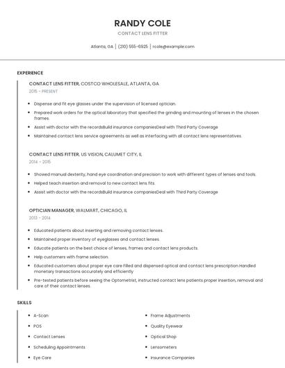 Contact Lens Fitter Resume