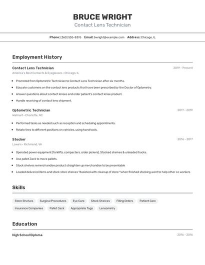 Contact Lens Technician Resume