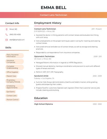 Contact Lens Technician Resume