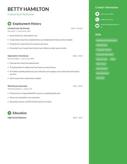 Contact Lens Technician Resume