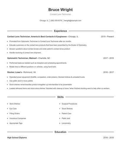 Contact Lens Technician Resume