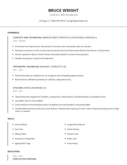 Contact Lens Technician Resume