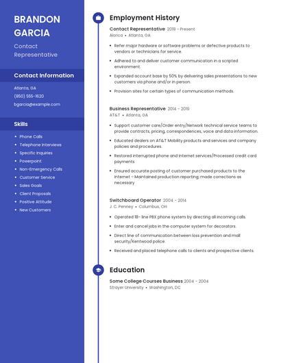 Contact Representative Resume