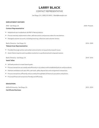 Contact Representative Resume