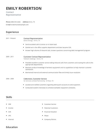 Contact Representative Resume