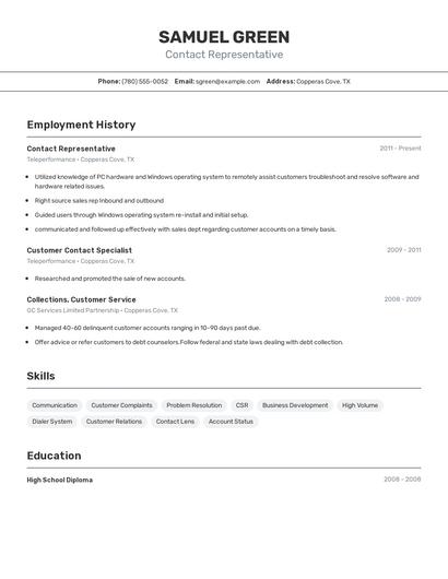 Contact Representative Resume