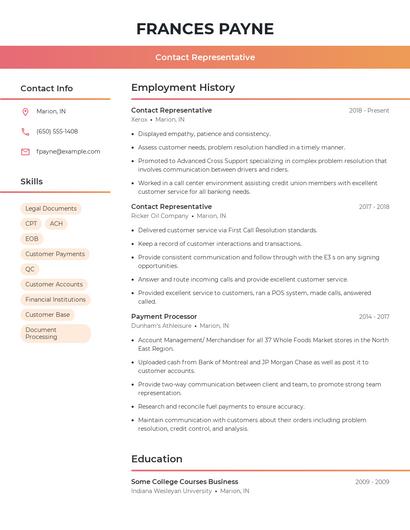 Contact Representative Resume