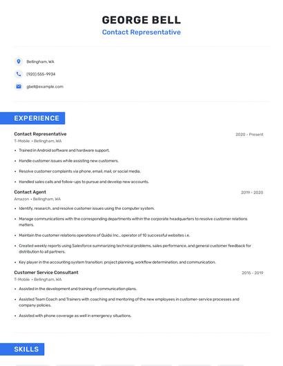Contact Representative Resume
