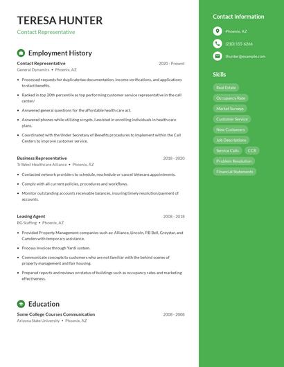 Contact Representative Resume