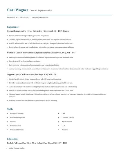 Contact Representative Resume
