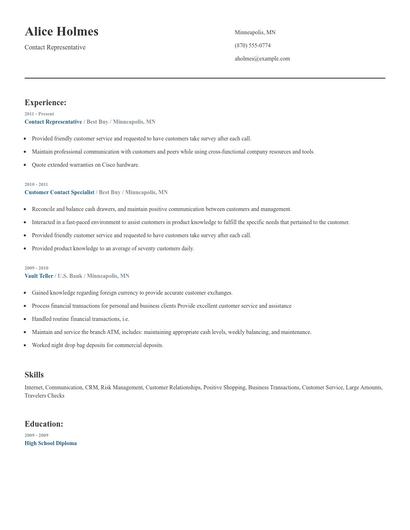 Contact Representative Resume