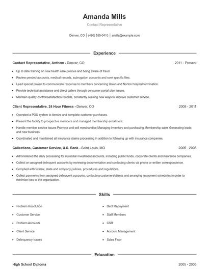 Contact Representative Resume