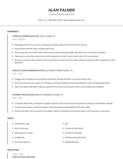 Contact Representative Resume