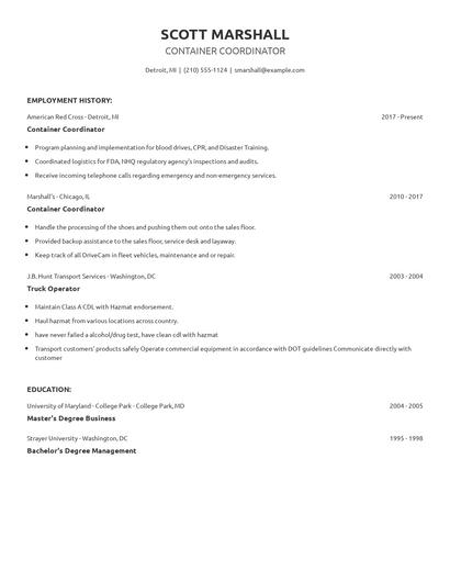 Container Coordinator Resume