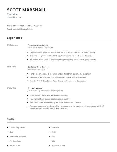 Container Coordinator Resume