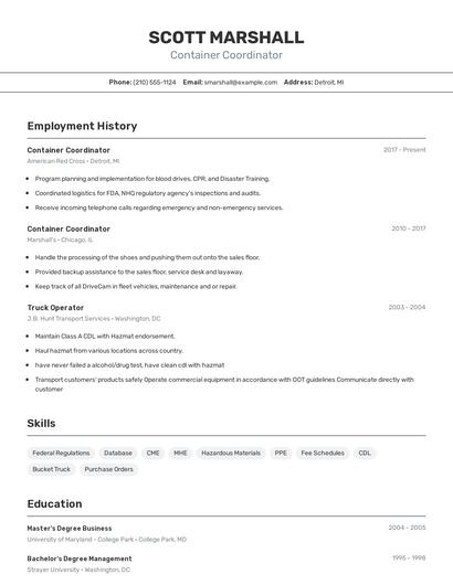 Container Coordinator Resume