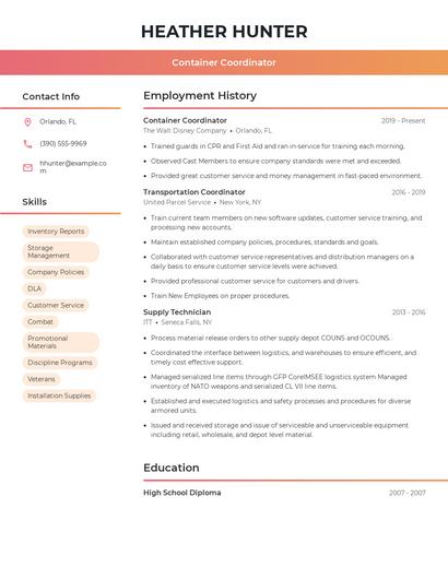 Container Coordinator Resume