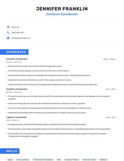 Container Coordinator Resume