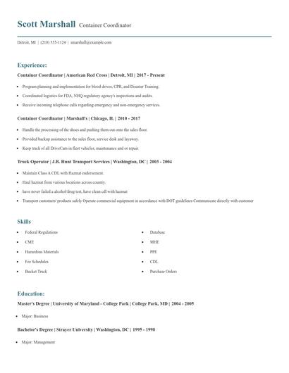 Container Coordinator Resume