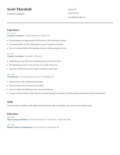 Container Coordinator Resume