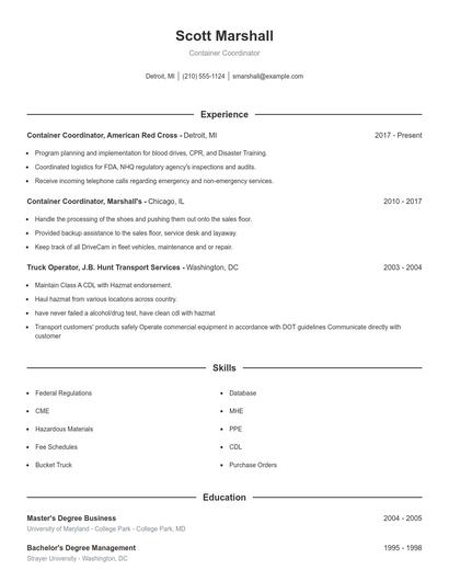 Container Coordinator Resume