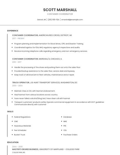 Container Coordinator Resume