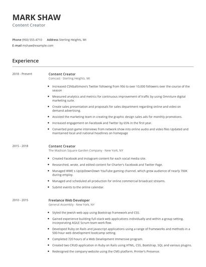 Content Creator Resume