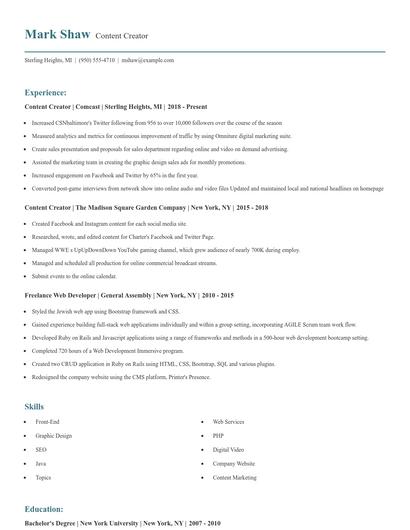 Content Creator Resume