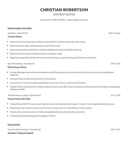 Content Editor Resume