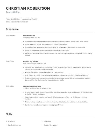 Content Editor Resume