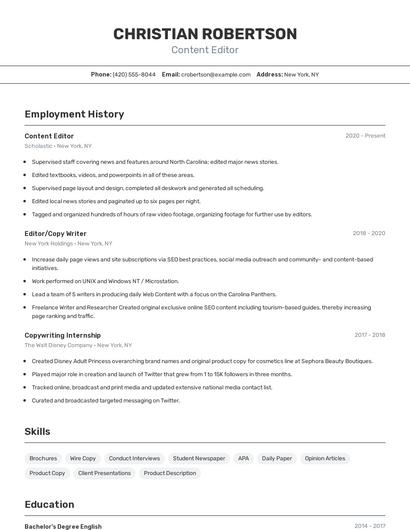 Content Editor Resume
