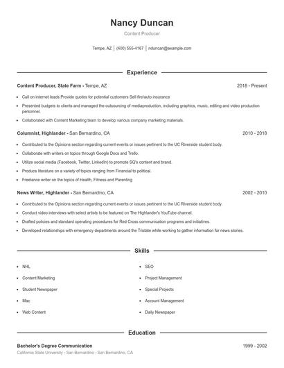 Content Producer Resume
