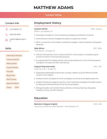 Content Writer Resume