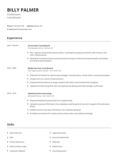 Contestant Coordinator Resume