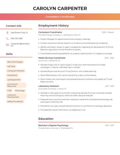 Contestant Coordinator Resume