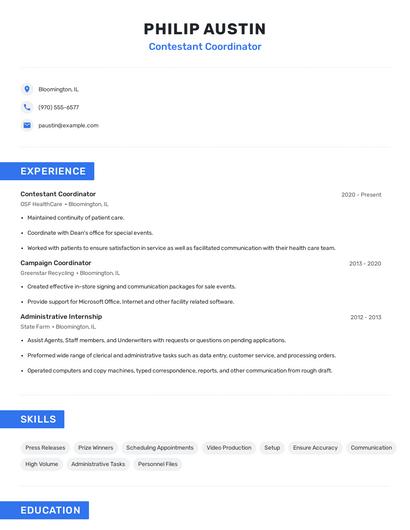 Contestant Coordinator Resume