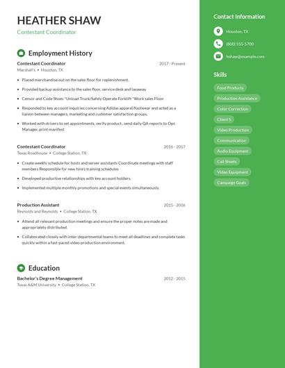 Contestant Coordinator Resume