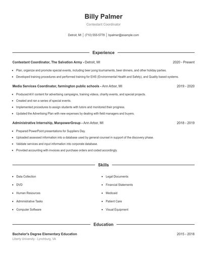 Contestant Coordinator Resume