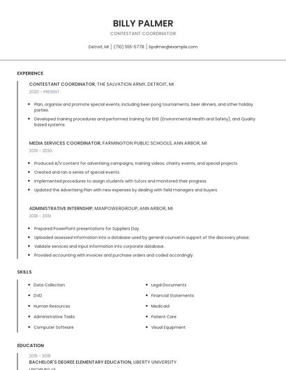 Contestant Coordinator Resume