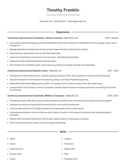 Continuous Improvement Coordinator Resume