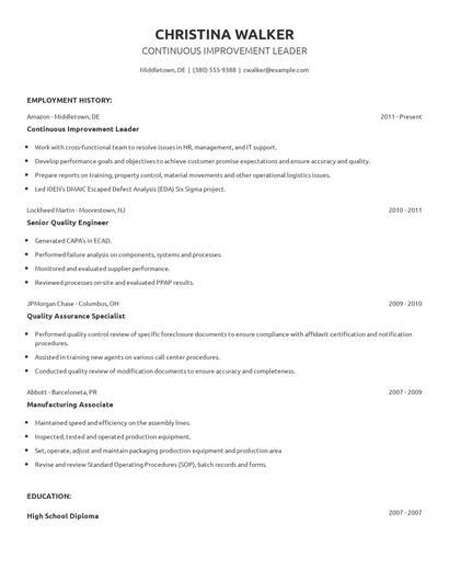 Continuous Improvement Leader Resume