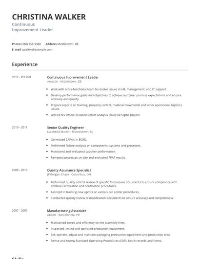 Continuous Improvement Leader Resume