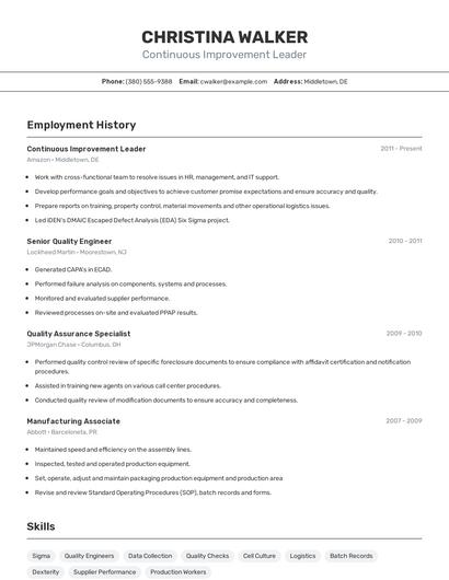 Continuous Improvement Leader Resume