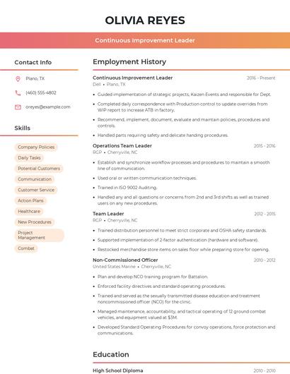 Continuous Improvement Leader Resume
